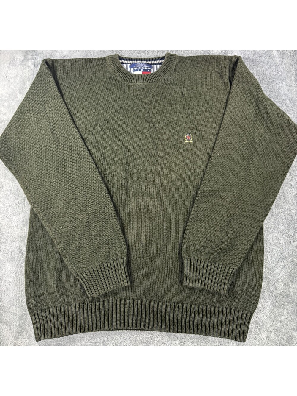 Vintage Tommy Hilfiger Crewneck Sweater Mens XXL Olive Green Knitted Warm Y2K